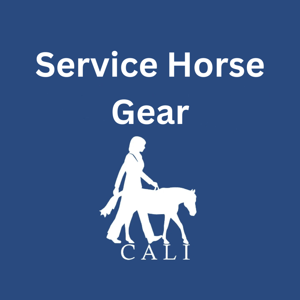 A blue graphic with the white CALI Corp logo, which is the silhouette of a woman being guided by a mini horse. The text below their feet says "CALI" and the text above them says "Service Horse Gear"
